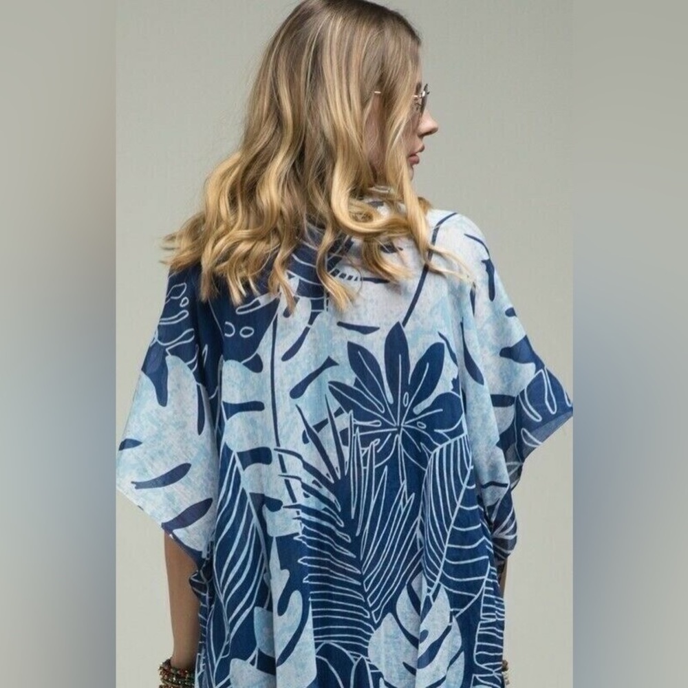 Women's Tropical Leaf Kimono Blue Cover Up One Size - Picture 4 of 5